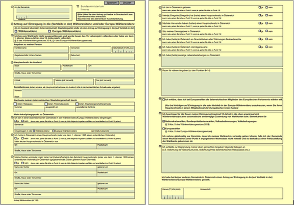 Gelbes Formular - Muster für Antrag auf Eintragung in die Wählerevidenz © BMI  