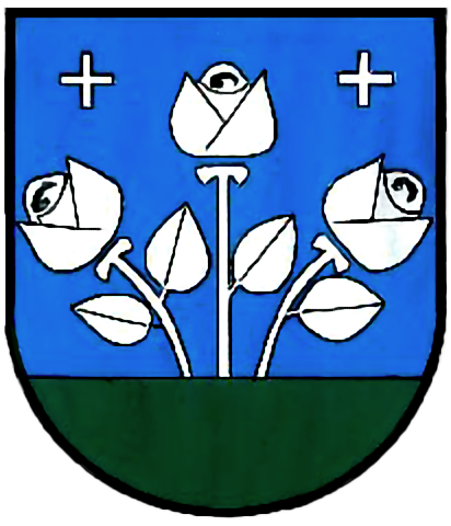 blaues Wappen mit weißen Rosen